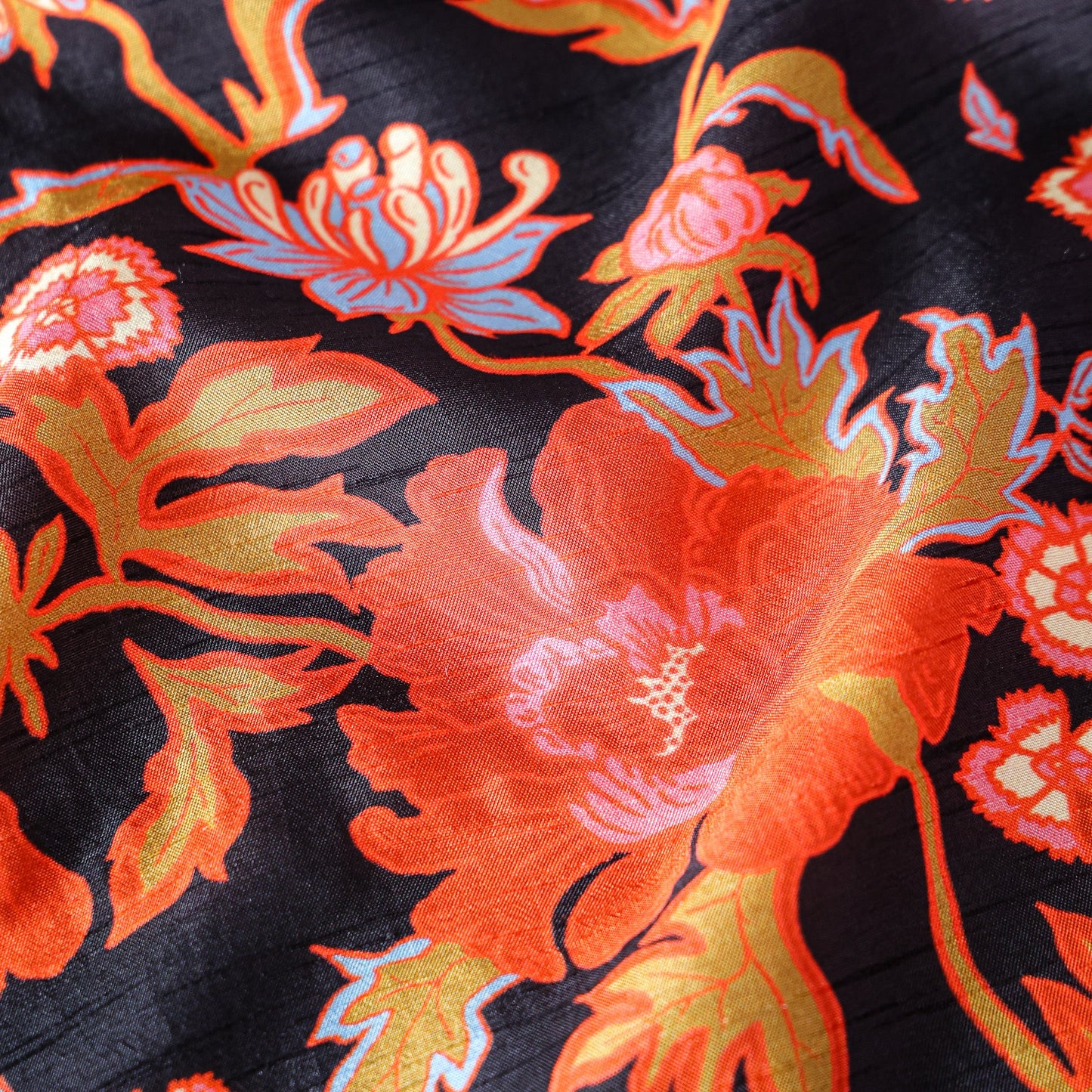 Pure Raw Silk Black Floral Pattern Printed Fabric
