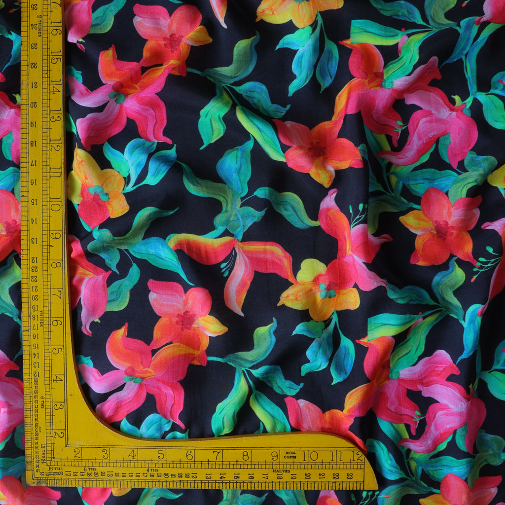 Pure Muslin Silk Black Vibrant Floral Pattern Printed Fabric