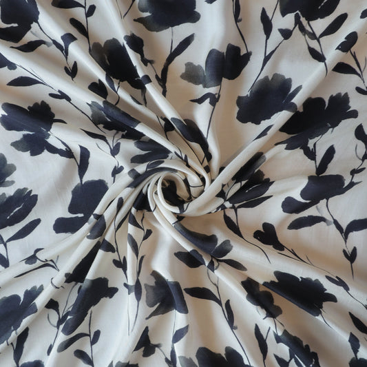 Pure Muslin Silk Black and White Floral Pattern Printed Fabric