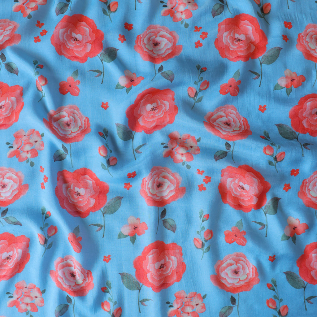 Pure Muslin Silk Blue Floral Pattern Printed Fabirc