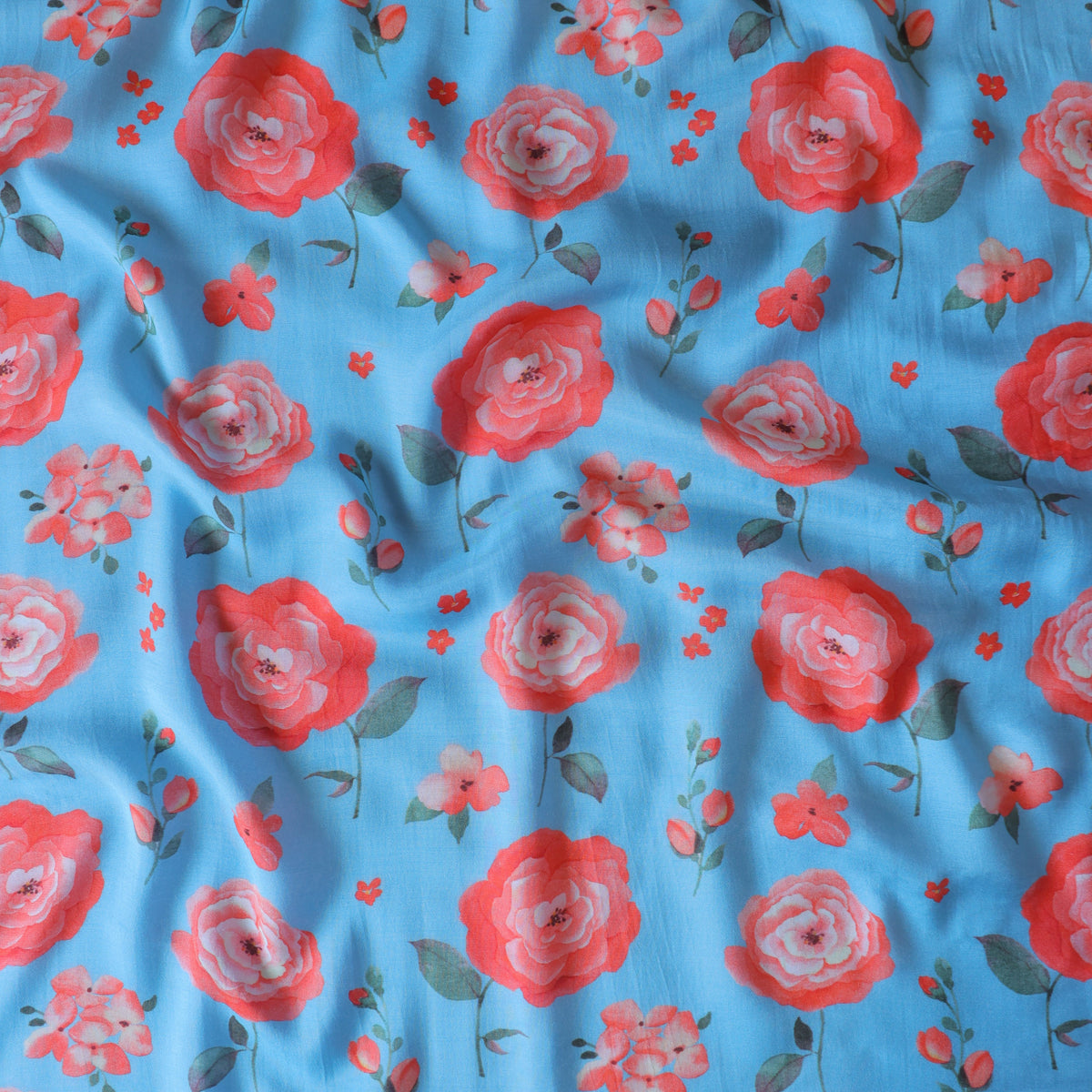 Pure Muslin Silk Blue Floral Pattern Printed Fabirc