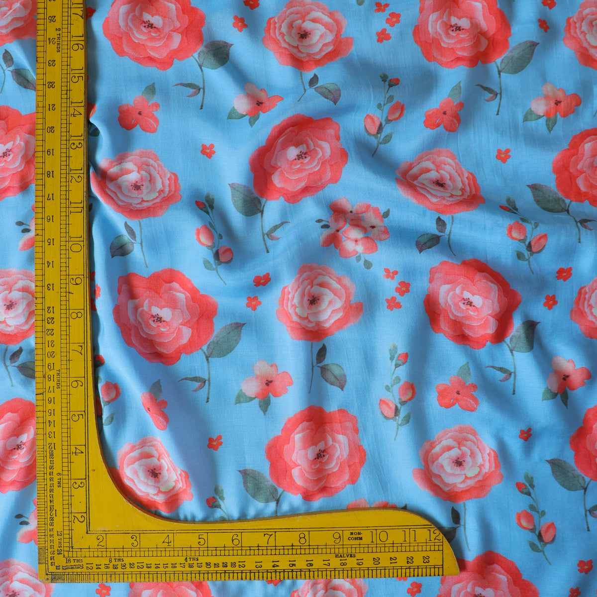 Pure Muslin Silk Blue Floral Pattern Printed Fabirc