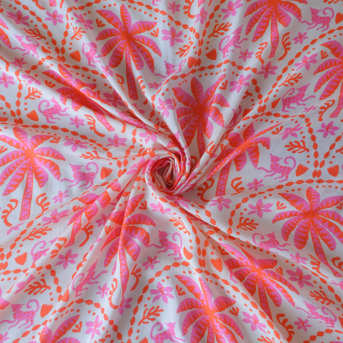 Pure Muslin Silk Vibrant Pink Pine Tree Pattern Printed Fabirc
