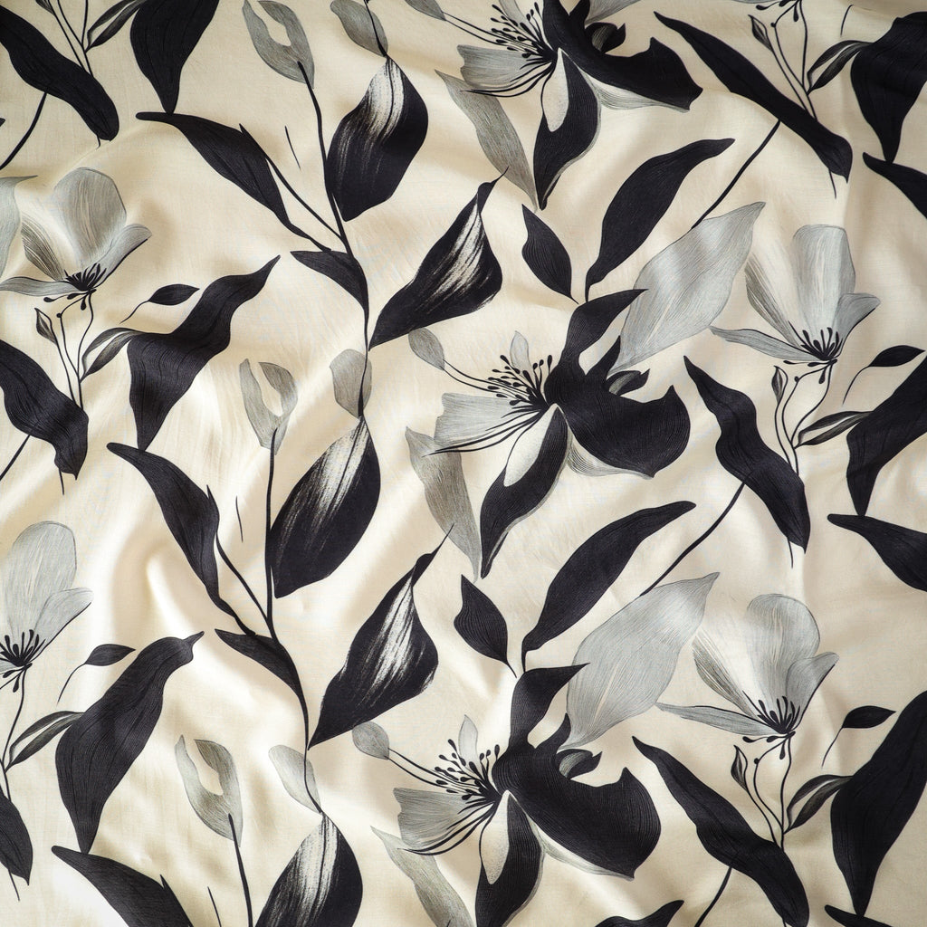 Pure Muslin Silk Black and White Floral Pattern Printed Fabric