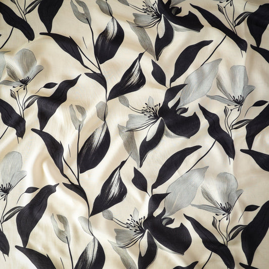 Pure Muslin Silk Black and White Floral Pattern Printed Fabric