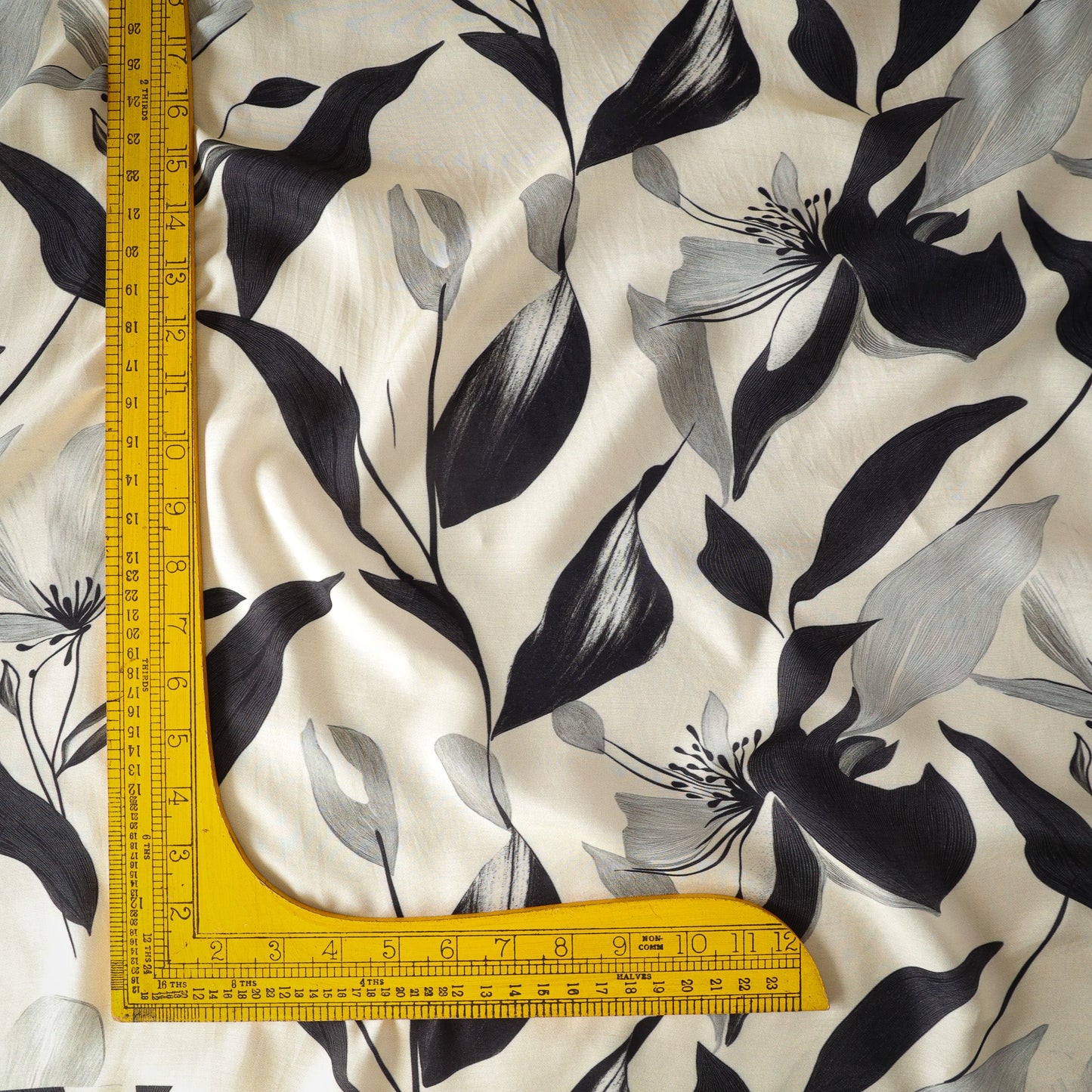 Pure Muslin Silk Black and White Floral Pattern Printed Fabric