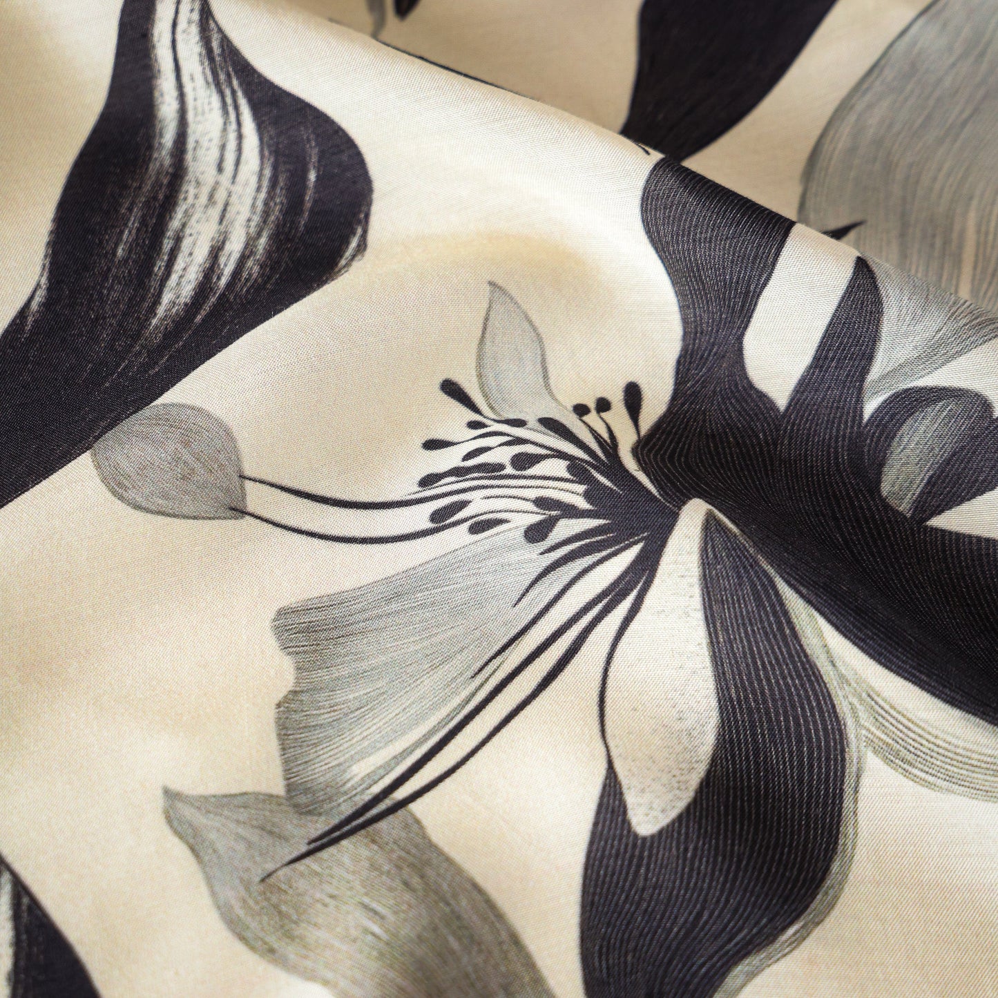 Pure Muslin Silk Black and White Floral Pattern Printed Fabric