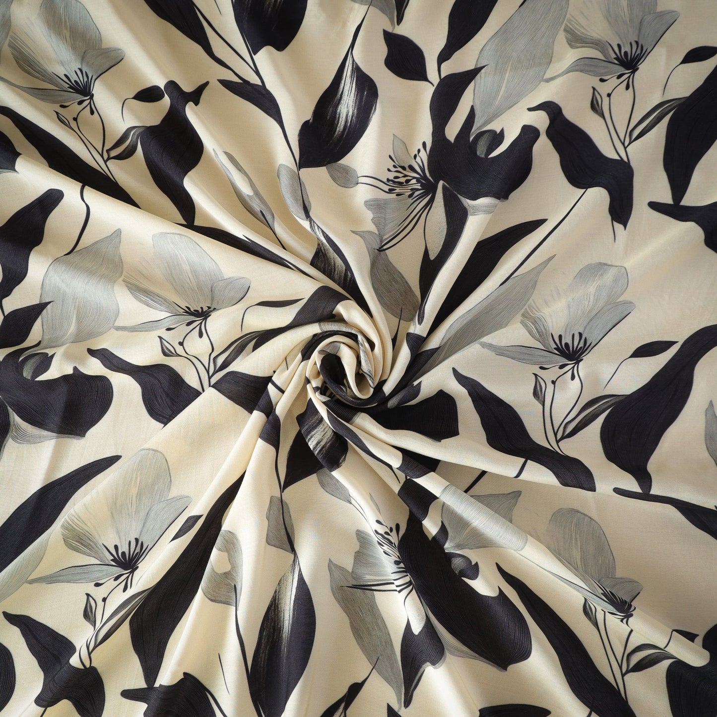 Pure Muslin Silk Black and White Floral Pattern Printed Fabric