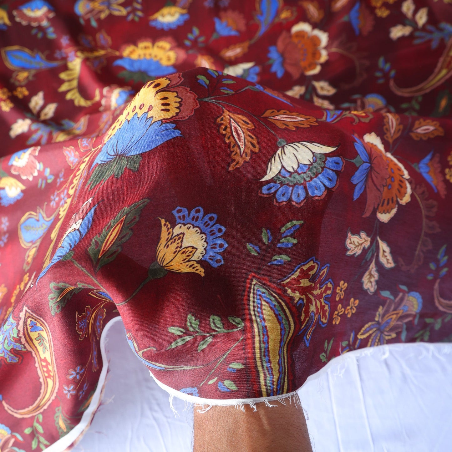 Pure Muslin Silk Vintage Paisley Floral Pattern Printed Fabric