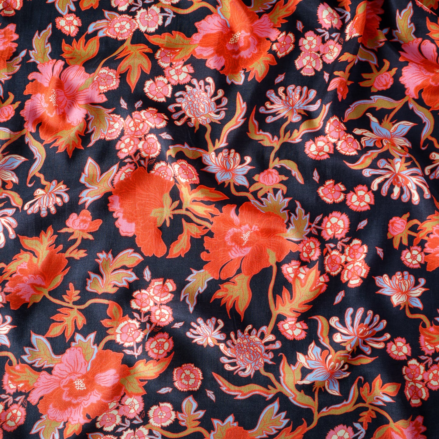 Pure Muslin Silk Black Floral Pattern Printed Fabric