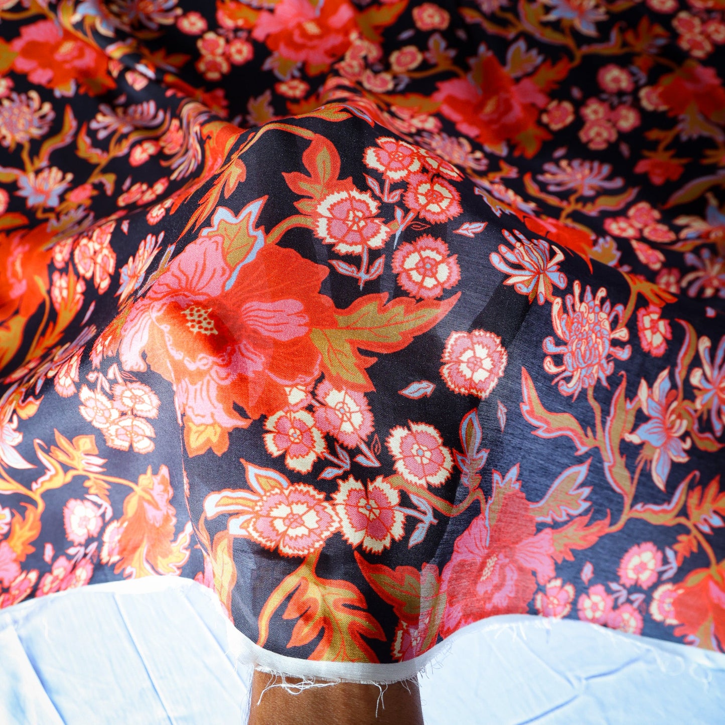 Pure Muslin Silk Black Floral Pattern Printed Fabric