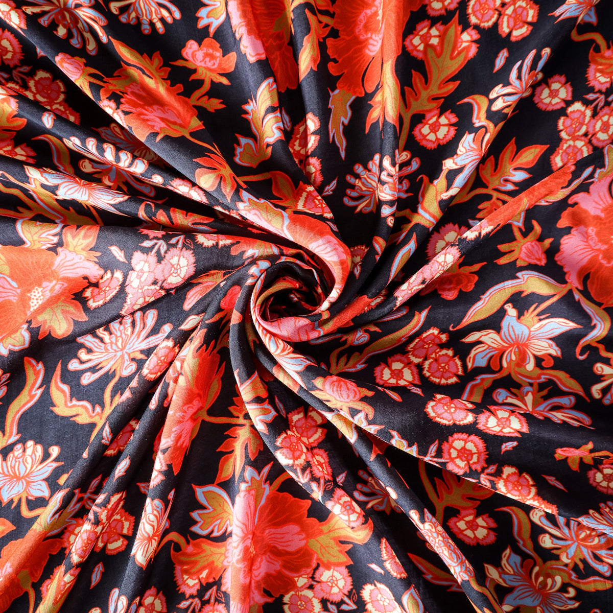 Pure Muslin Silk Black Floral Pattern Printed Fabric