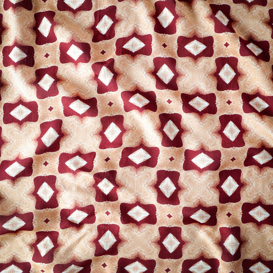 Pure Muslin Silk Beige Rustic Diamond Geometric Pattern Printed Fabric