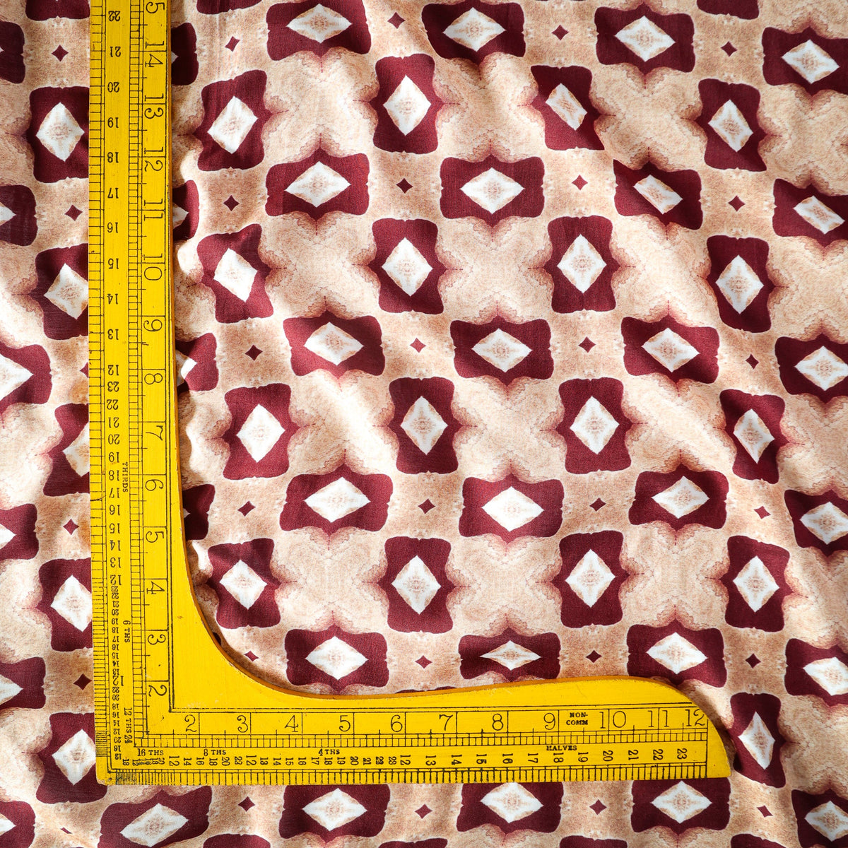 Pure Muslin Silk Beige Rustic Diamond Geometric Pattern Printed Fabric