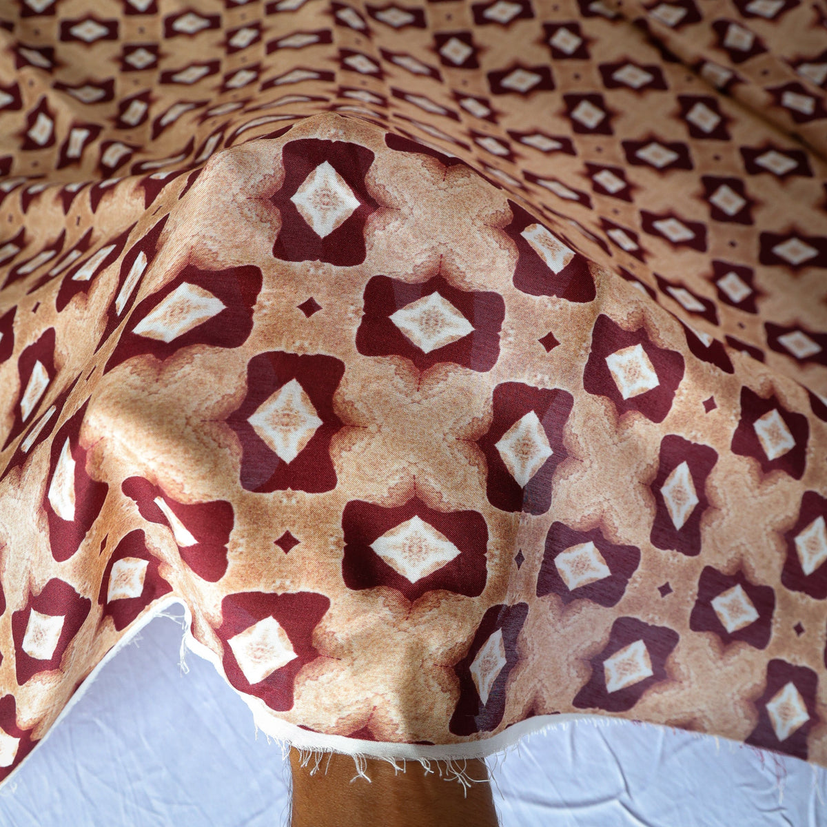 Pure Muslin Silk Beige Rustic Diamond Geometric Pattern Printed Fabric