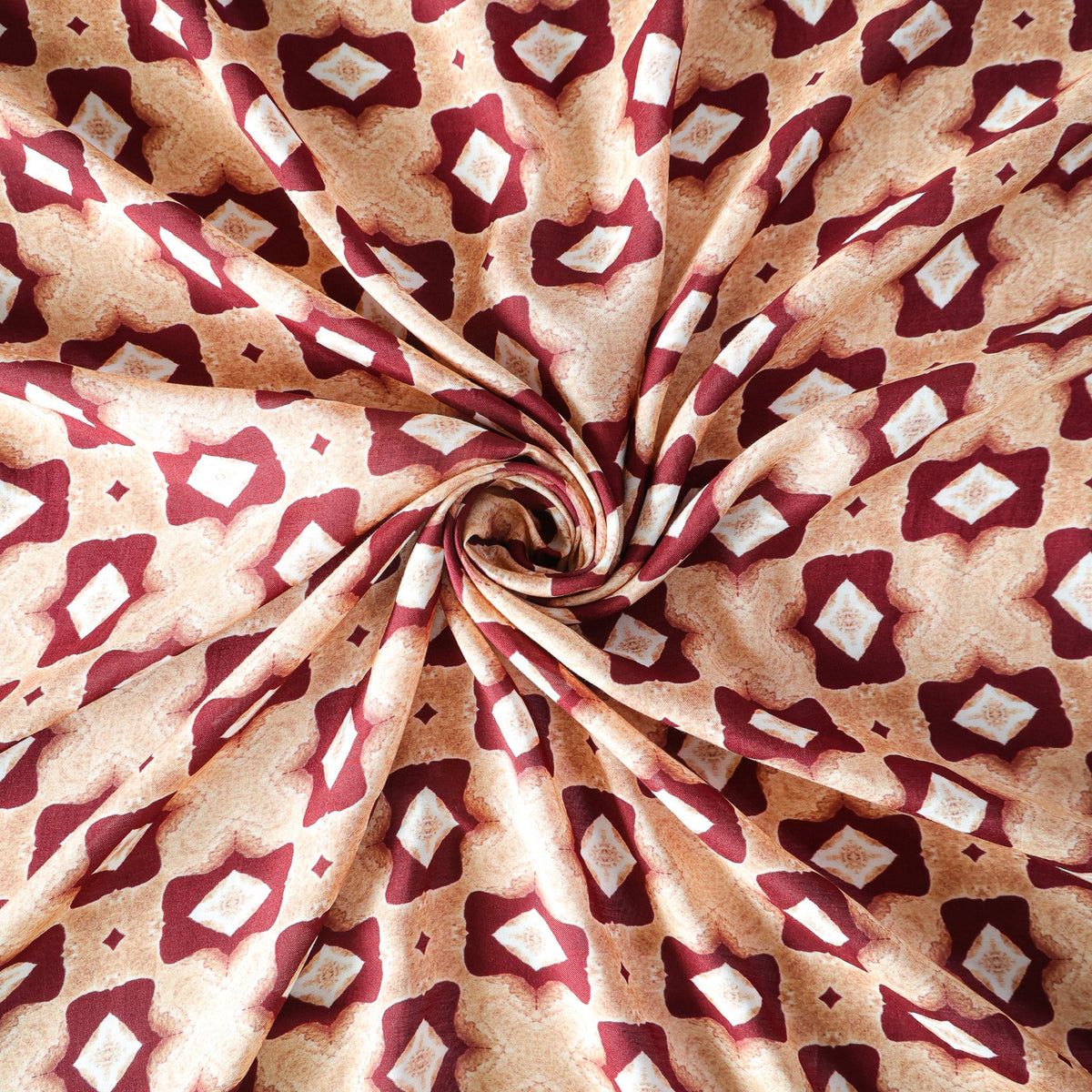 Pure Muslin Silk Beige Rustic Diamond Geometric Pattern Printed Fabric