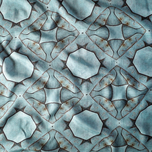 Pure Muslin Silk Ice Blue Geometric Abstract Pattern Printed Fabric