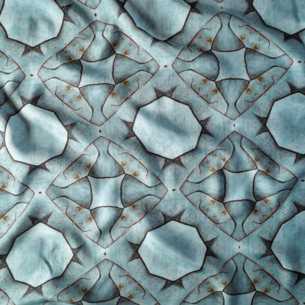 Pure Raw Silk Ice Blue Geometric Abstract Pattern Printed Fabric