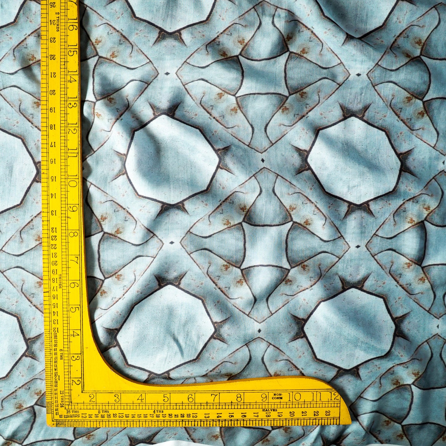 Pure Raw Silk Ice Blue Geometric Abstract Pattern Printed Fabric