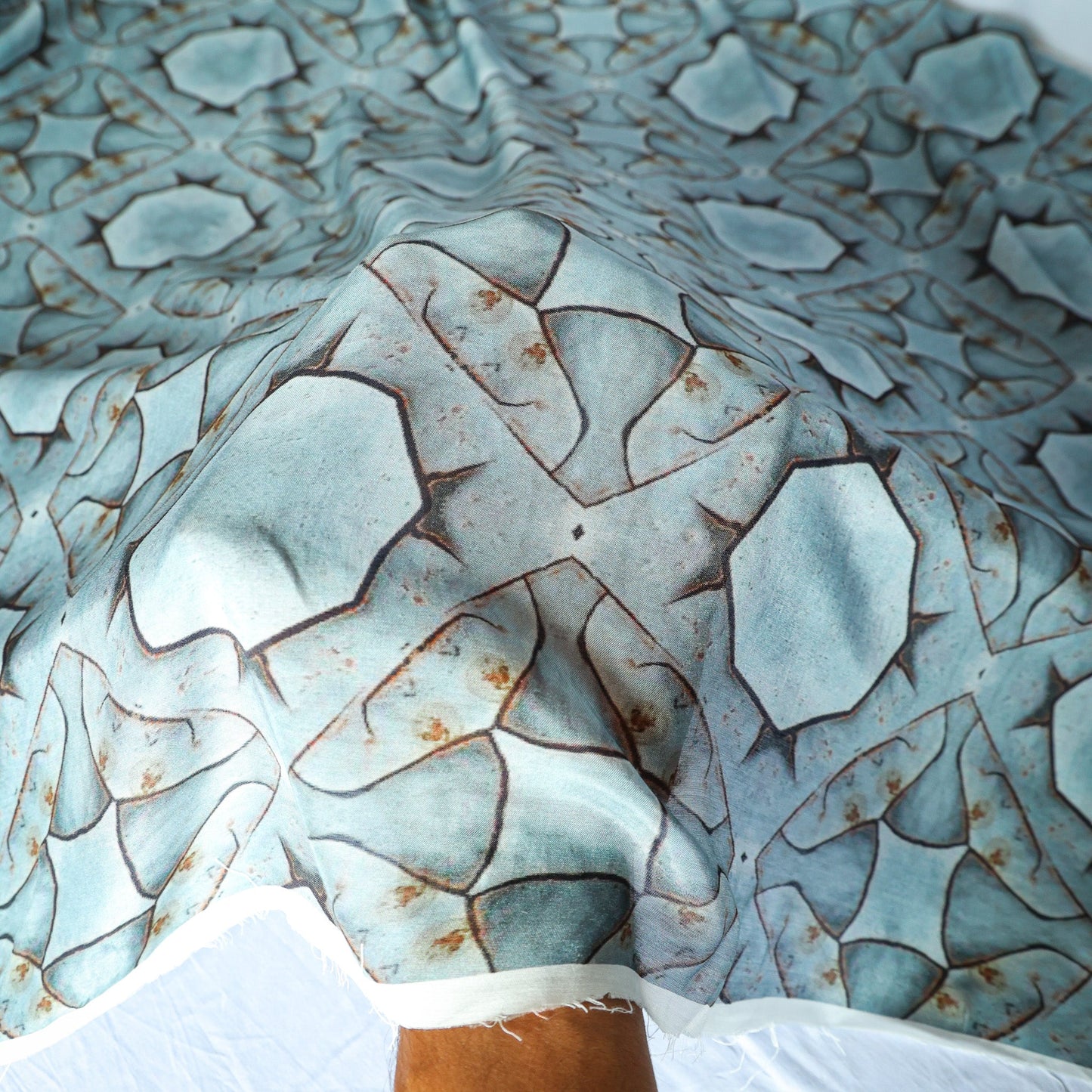 Pure Muslin Silk Ice Blue Geometric Abstract Pattern Printed Fabric
