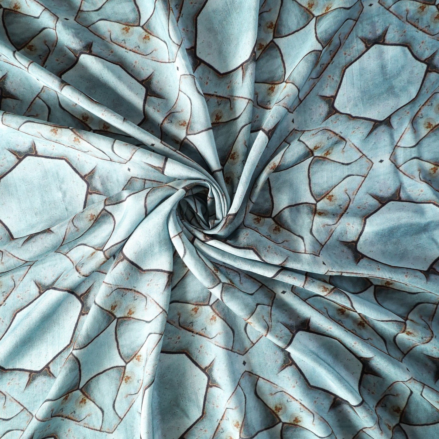 Pure Raw Silk Ice Blue Geometric Abstract Pattern Printed Fabric