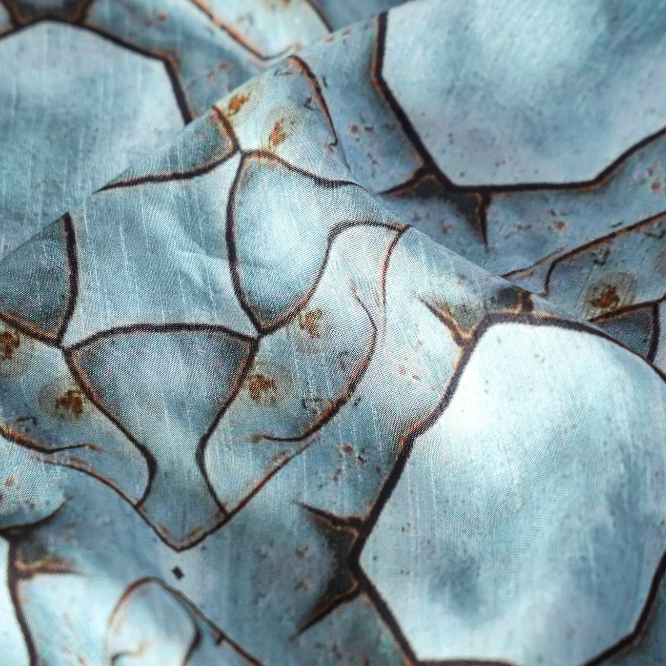Pure Raw Silk Ice Blue Geometric Abstract Pattern Printed Fabric