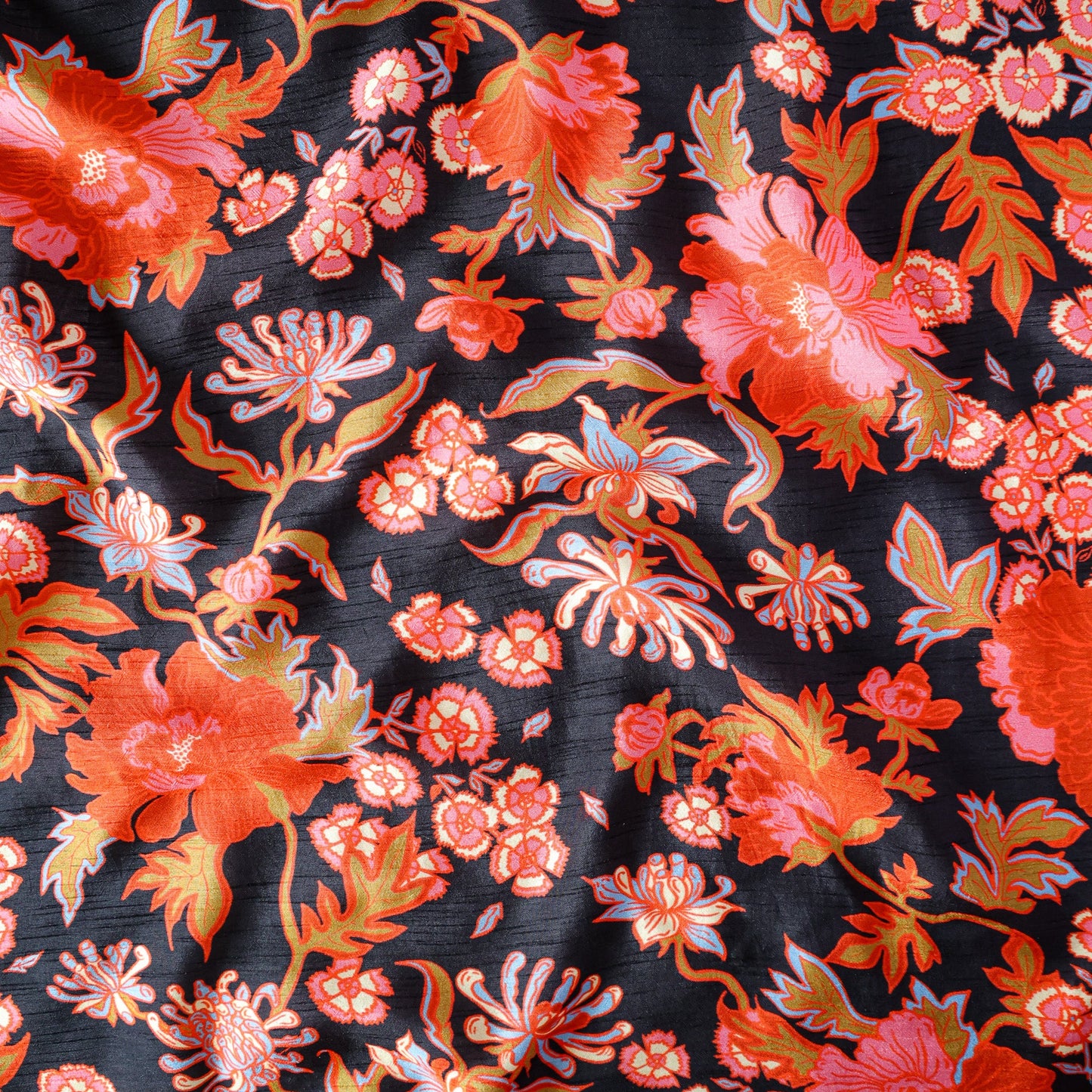 Pure Raw Silk Black Floral Pattern Printed Fabric