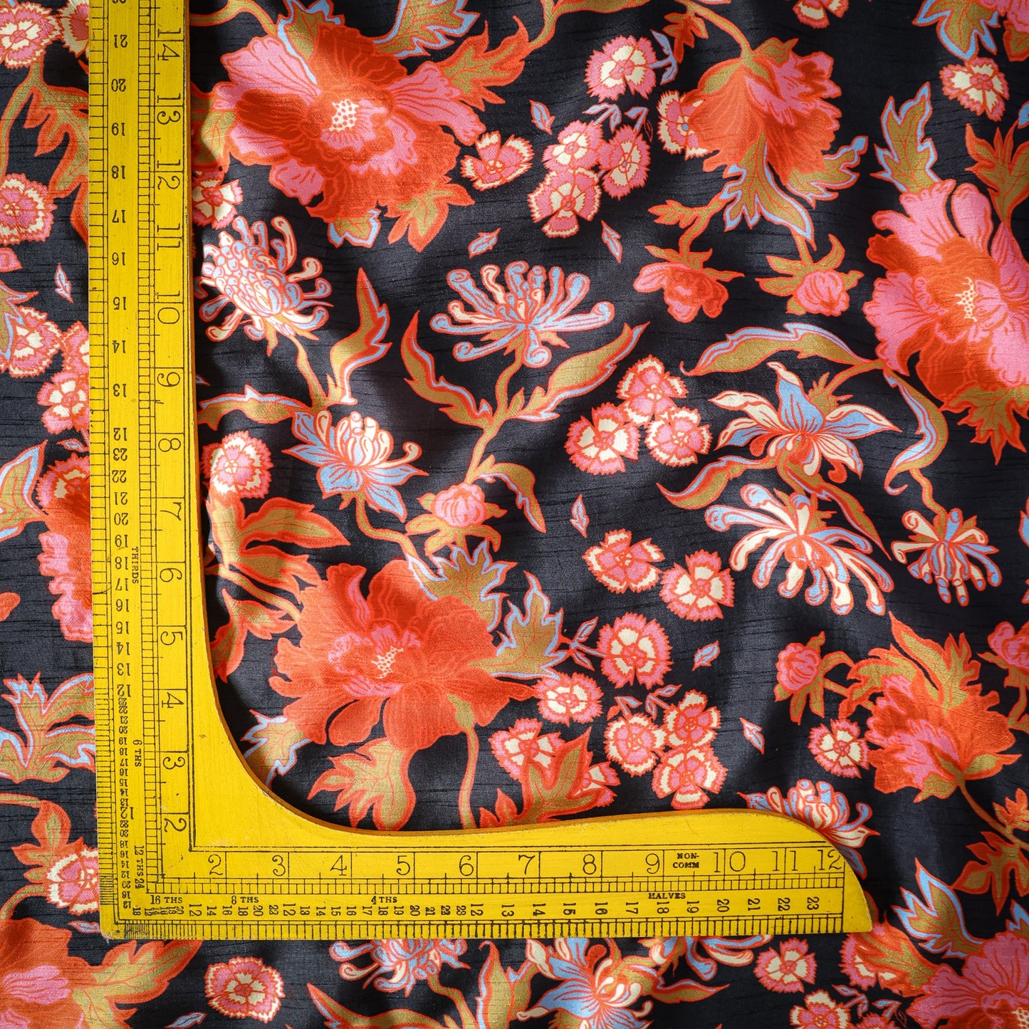 Pure Raw Silk Black Floral Pattern Printed Fabric