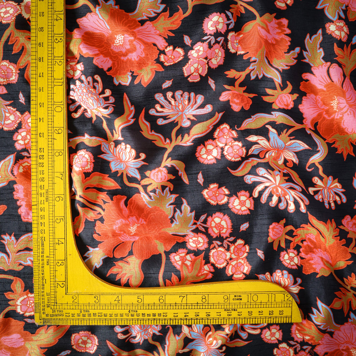 Pure Raw Silk Black Floral Pattern Printed Fabric
