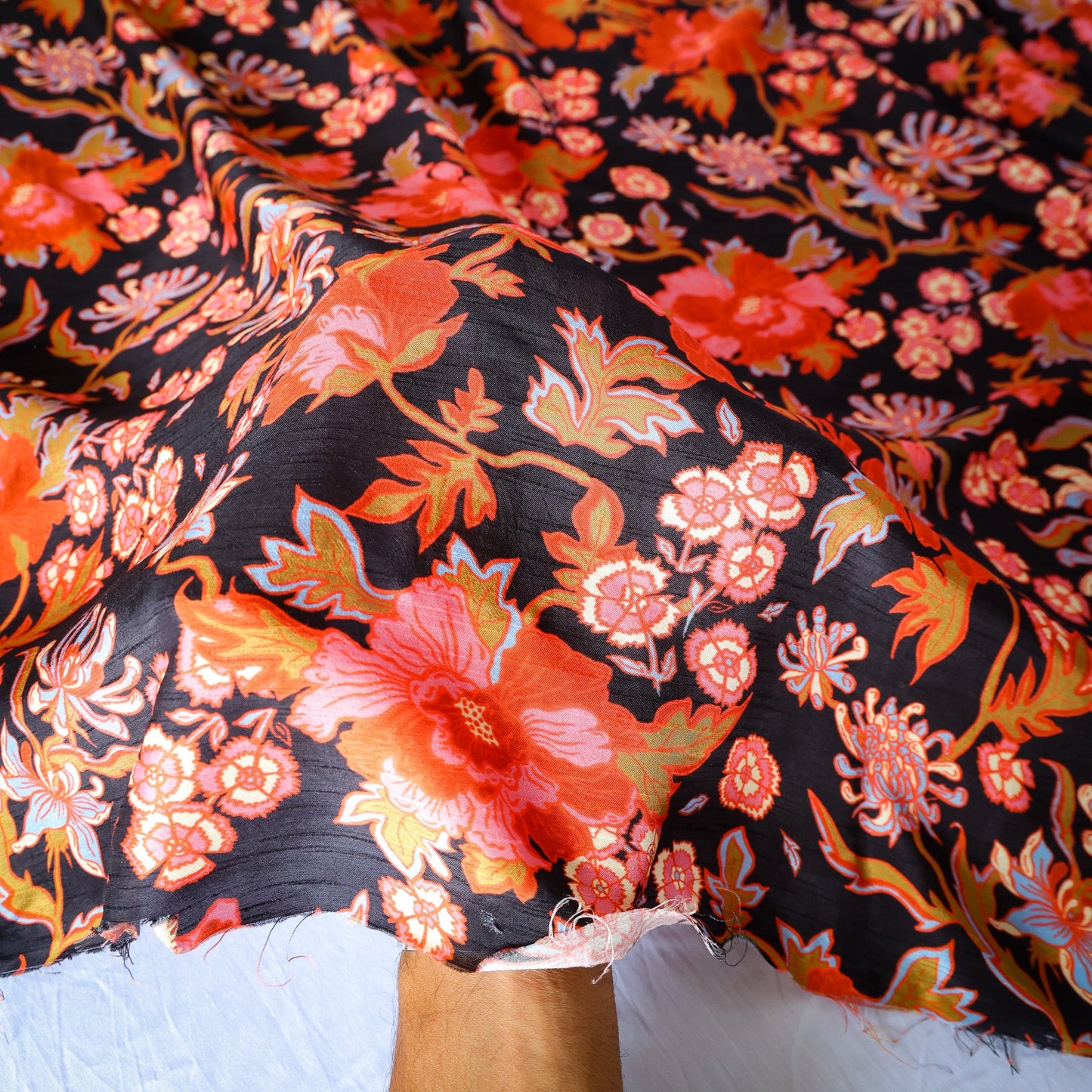 Pure Raw Silk Black Floral Pattern Printed Fabric