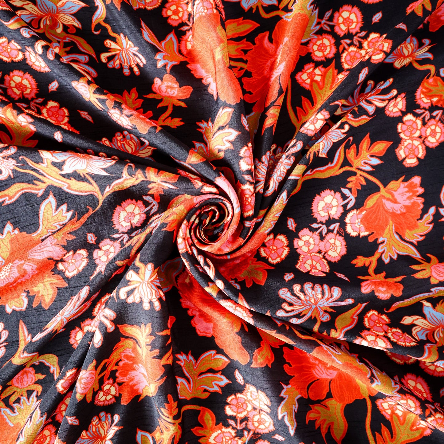 Pure Raw Silk Black Floral Pattern Printed Fabric