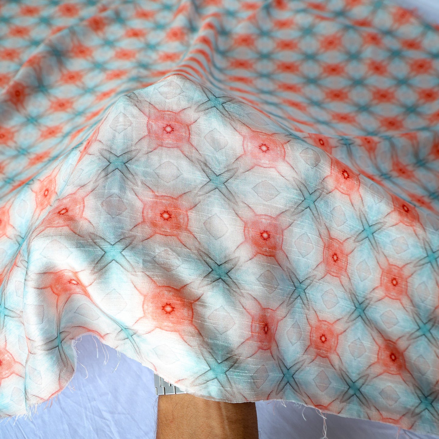 Pure Raw Silk Pastel Shibori Geometric Pattern Printed Fabric