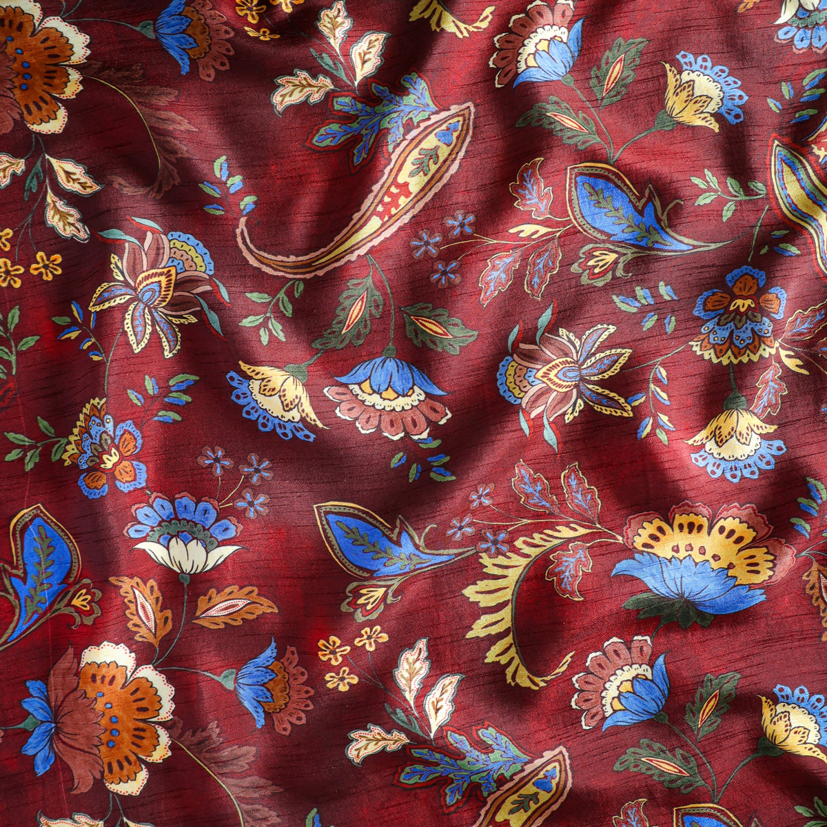 Pure Raw Silk Vintage Paisley Floral Pattern Printed Fabric