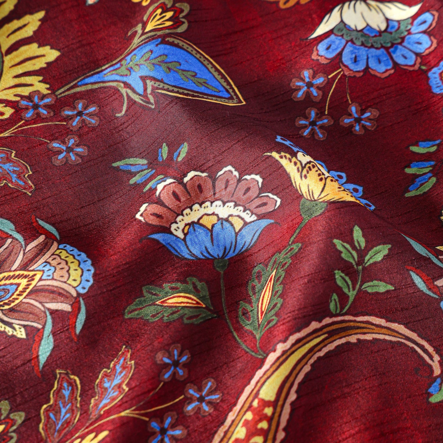 Pure Raw Silk Vintage Paisley Floral Pattern Printed Fabric