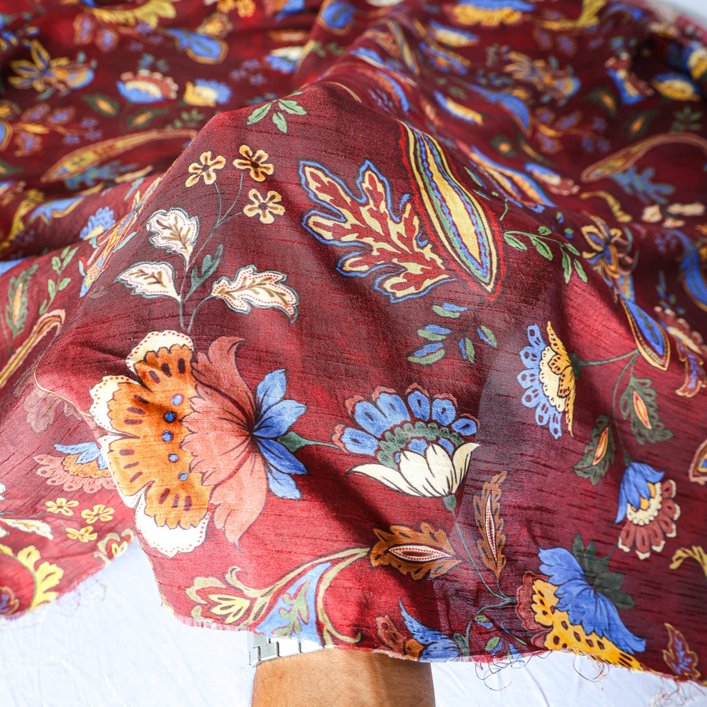 Pure Raw Silk Vintage Paisley Floral Pattern Printed Fabric