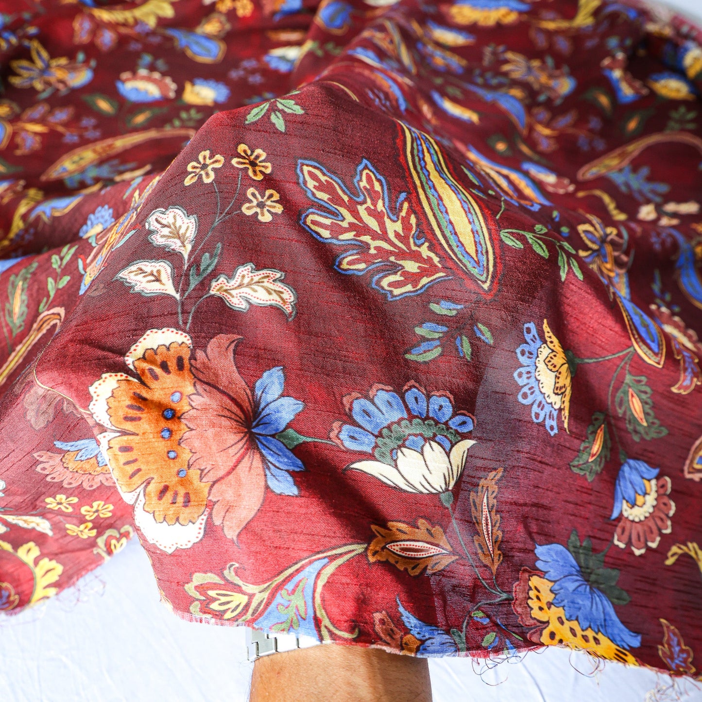 Pure Raw Silk Vintage Paisley Floral Pattern Printed Fabric