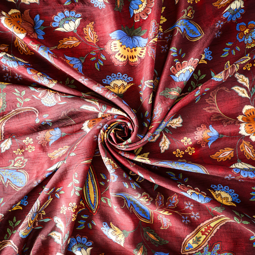 Pure Raw Silk Vintage Paisley Floral Pattern Printed Fabric