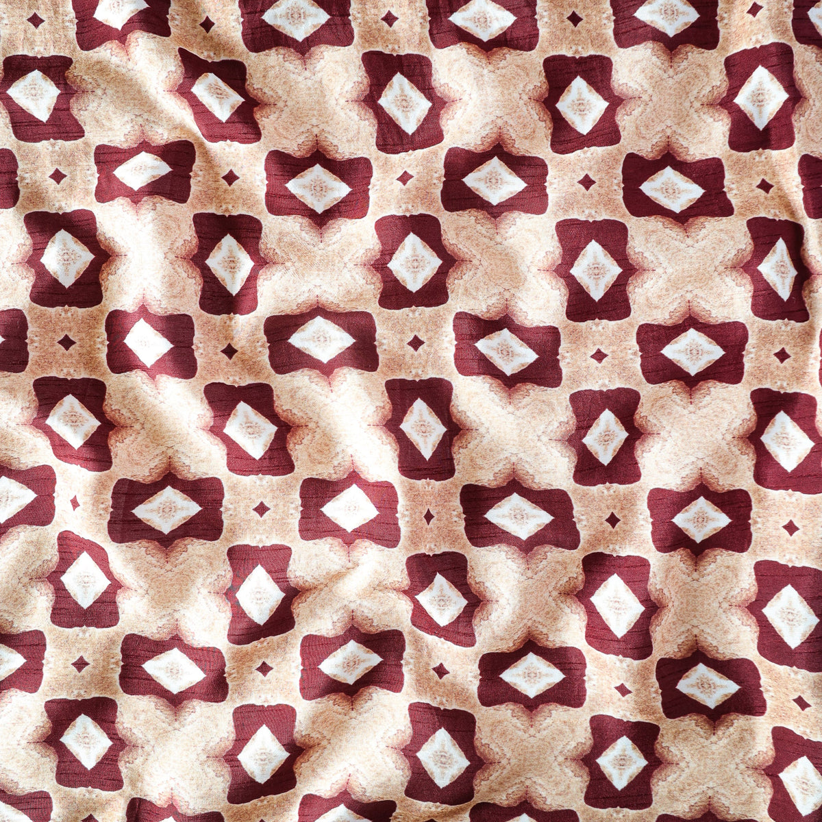 Pure Raw Silk Beige Rustic Diamond Geometric Pattern Printed Fabric