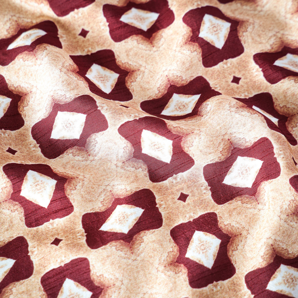 Pure Raw Silk Beige Rustic Diamond Geometric Pattern Printed Fabric