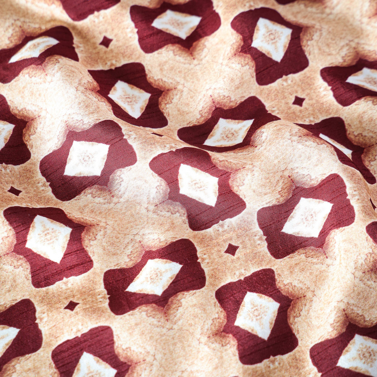 Pure Raw Silk Beige Rustic Diamond Geometric Pattern Printed Fabric