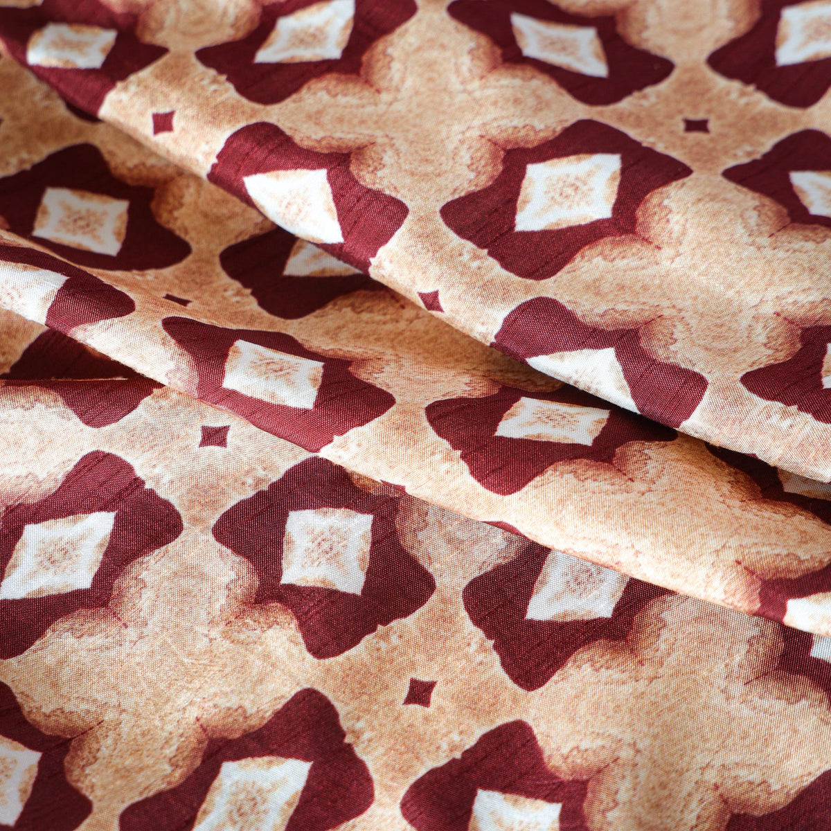 Pure Raw Silk Beige Rustic Diamond Geometric Pattern Printed Fabric