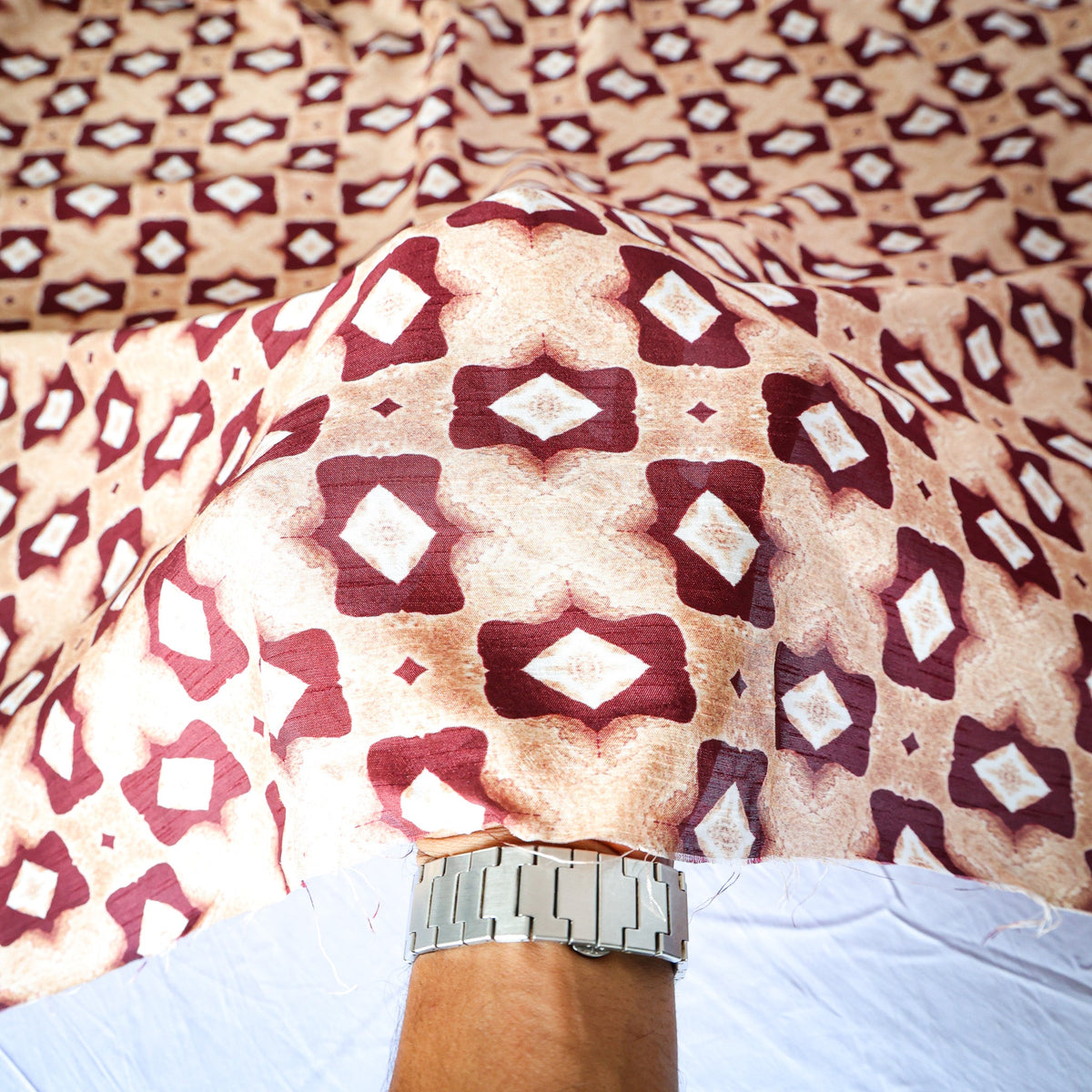 Pure Raw Silk Beige Rustic Diamond Geometric Pattern Printed Fabric