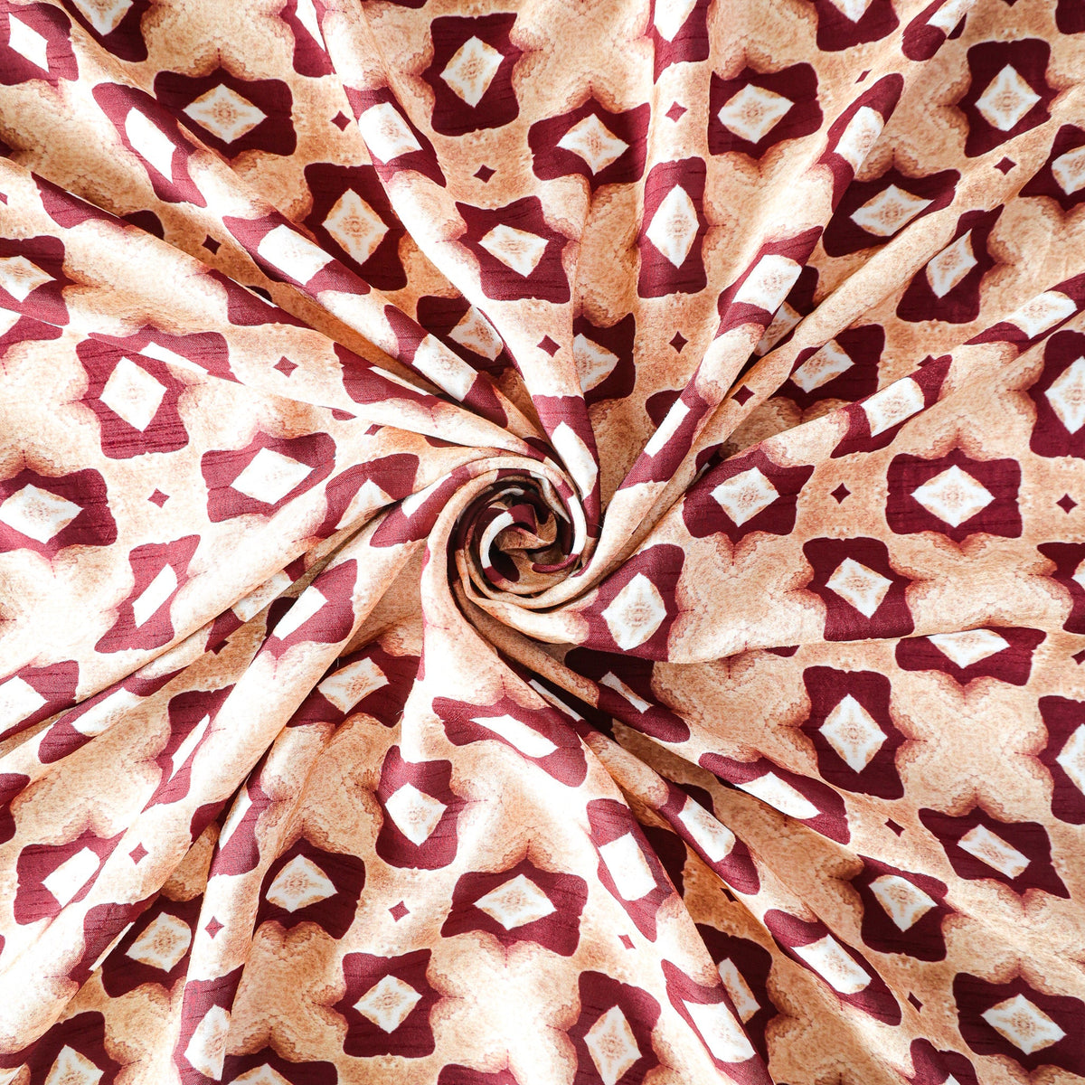 Pure Raw Silk Beige Rustic Diamond Geometric Pattern Printed Fabric