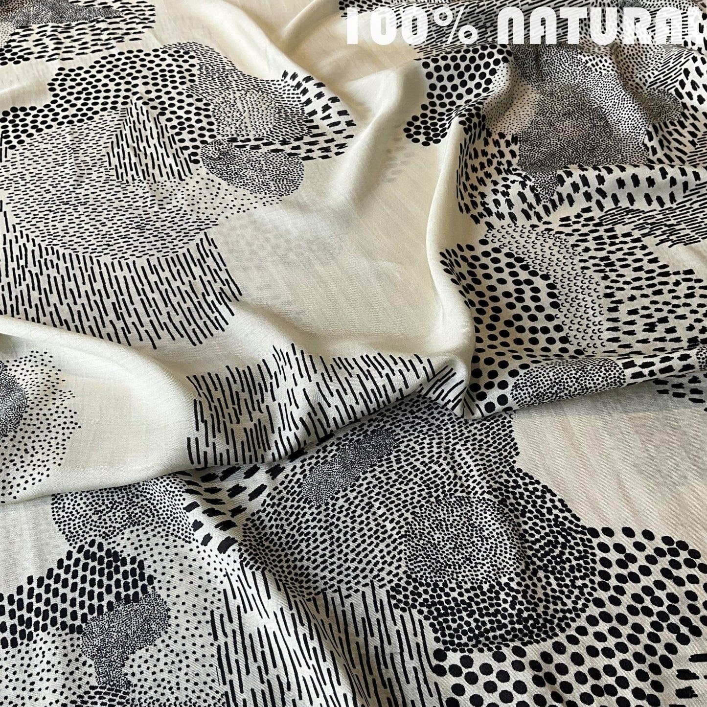 Black and white Abstract rhythmic pointellism inspired print, viscose muslin fabric
