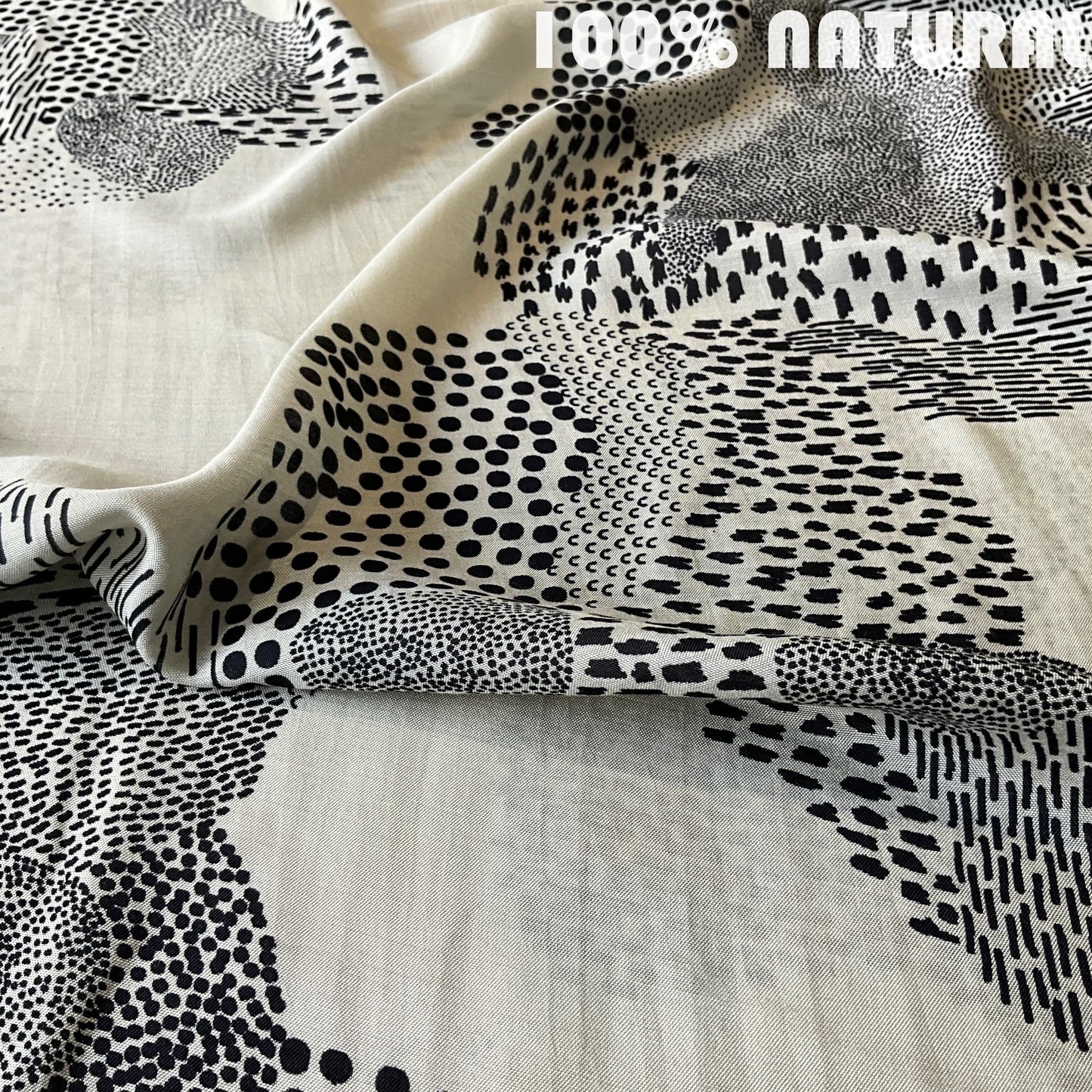 Black and white Abstract rhythmic pointellism inspired print, viscose muslin fabric