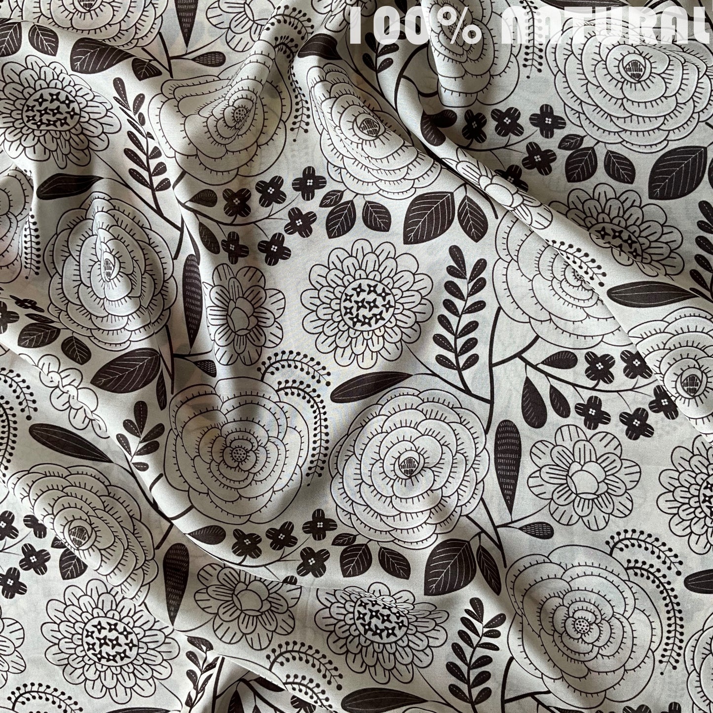 Monochrome Line art floral print, viscose muslin fabric