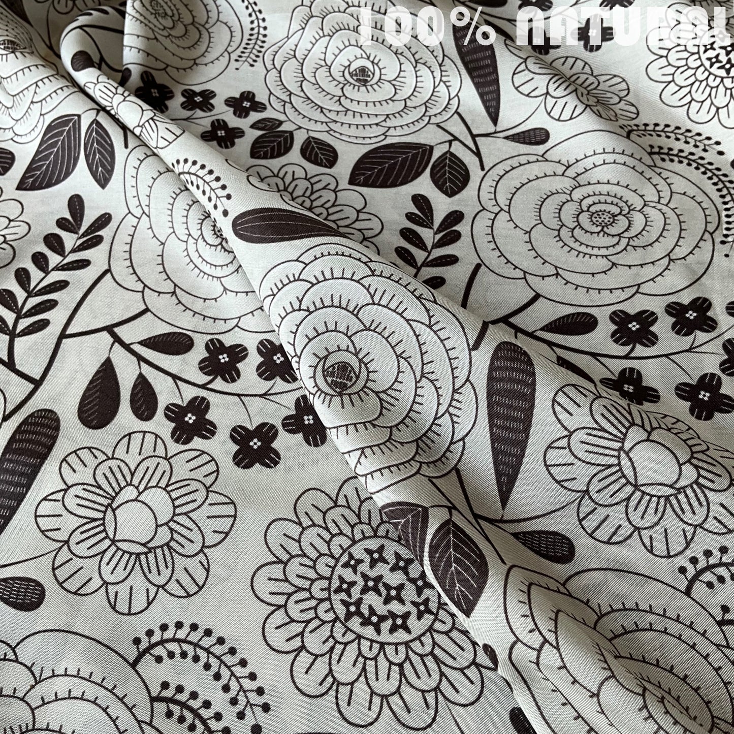 Monochrome Line art floral print, viscose muslin fabric