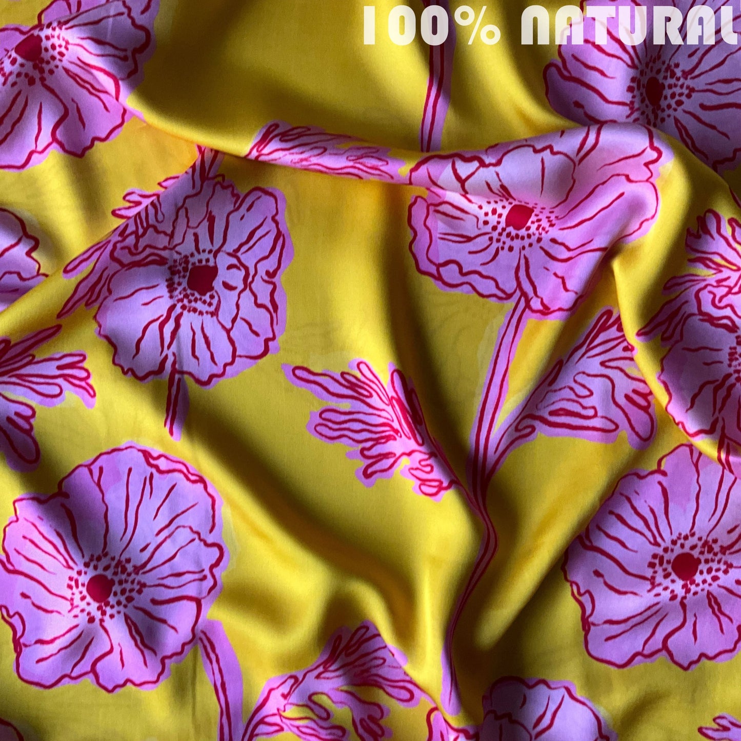 Yellow Pink Minimal floral pattern print, Viscose Modal Satin Fabric