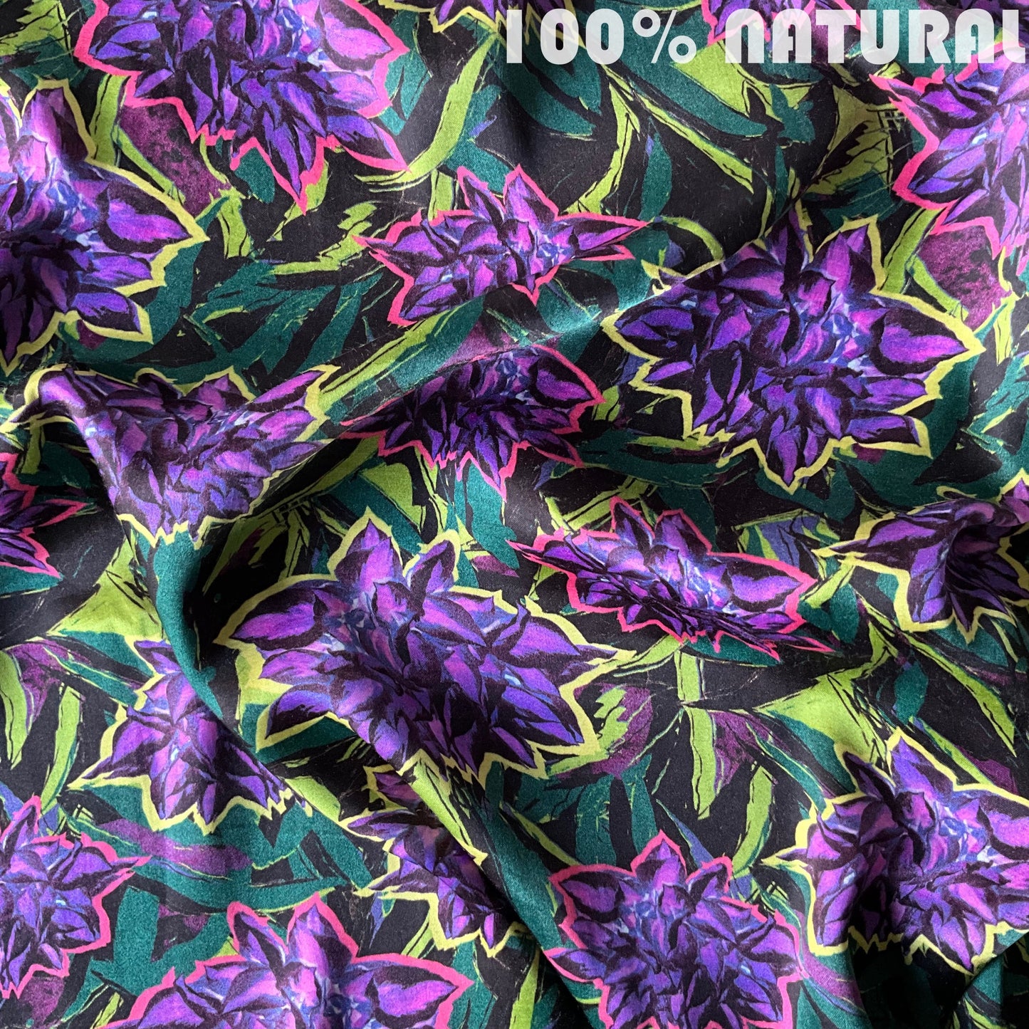 Purple wildflower in plush green print, viscose modal satin print