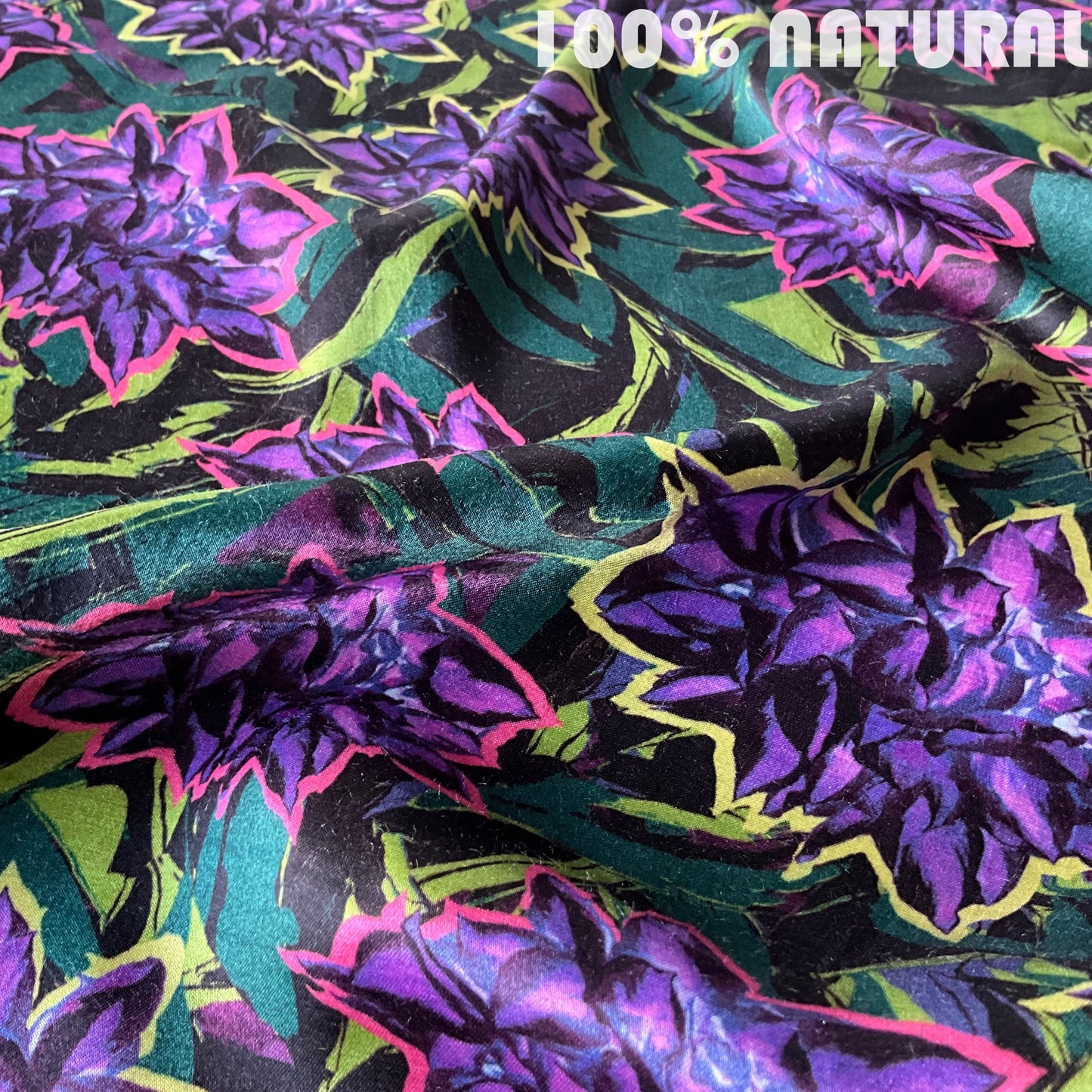 Purple wildflower in plush green print, viscose modal satin print